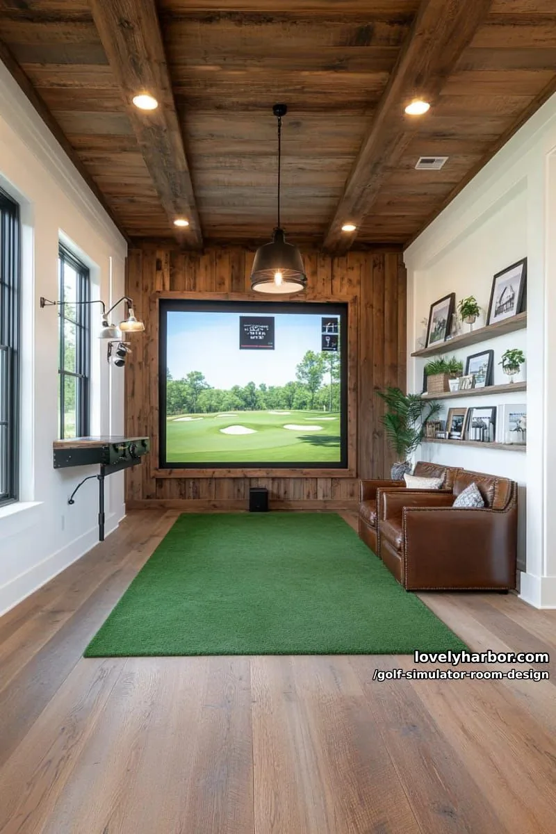 15 Chic Golf Simulator Room Designs to Help Update Your Space! 16 rustic barn-style golf room with reclaimed wood, industrial lights, and turf flooring 1