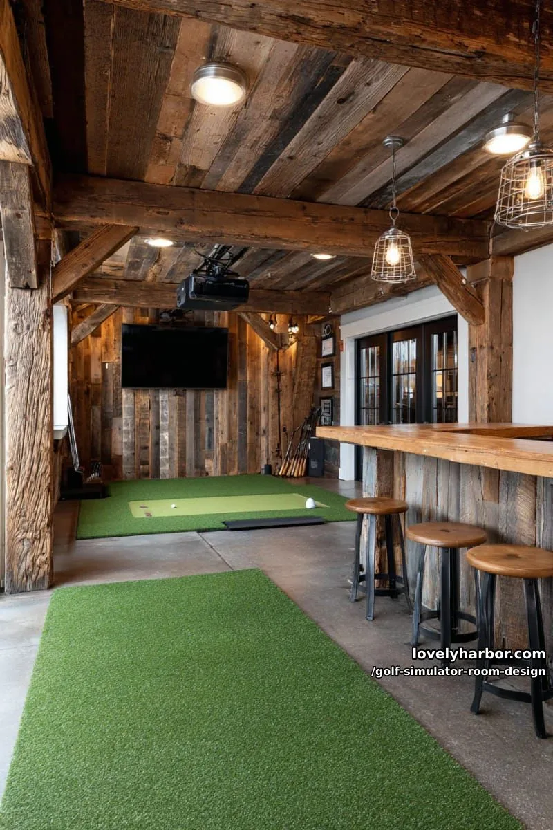 15 Chic Golf Simulator Room Designs to Help Update Your Space! 17 rustic barn-style golf room with reclaimed wood, industrial lights, and turf flooring 1