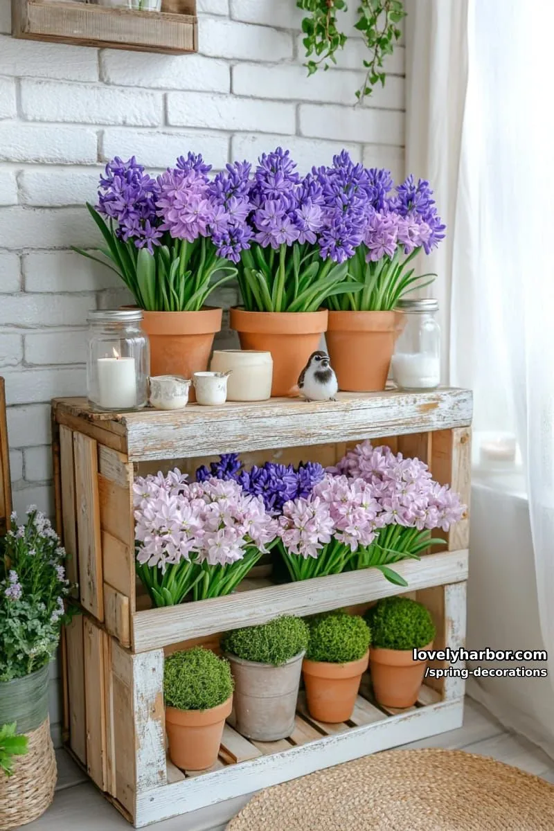 rustic crate shelves displaying potted hyacinths and moss 1