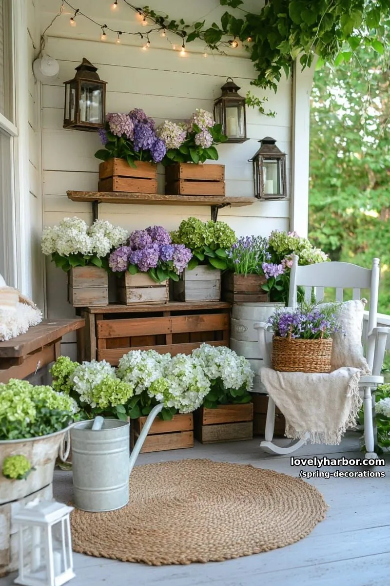 rustic crate shelves displaying potted hyacinths and moss 1
