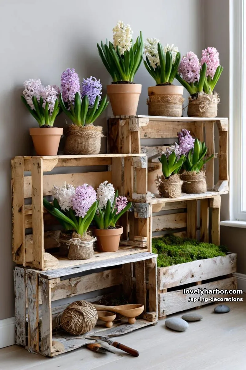 rustic crate shelves displaying potted hyacinths and moss 1