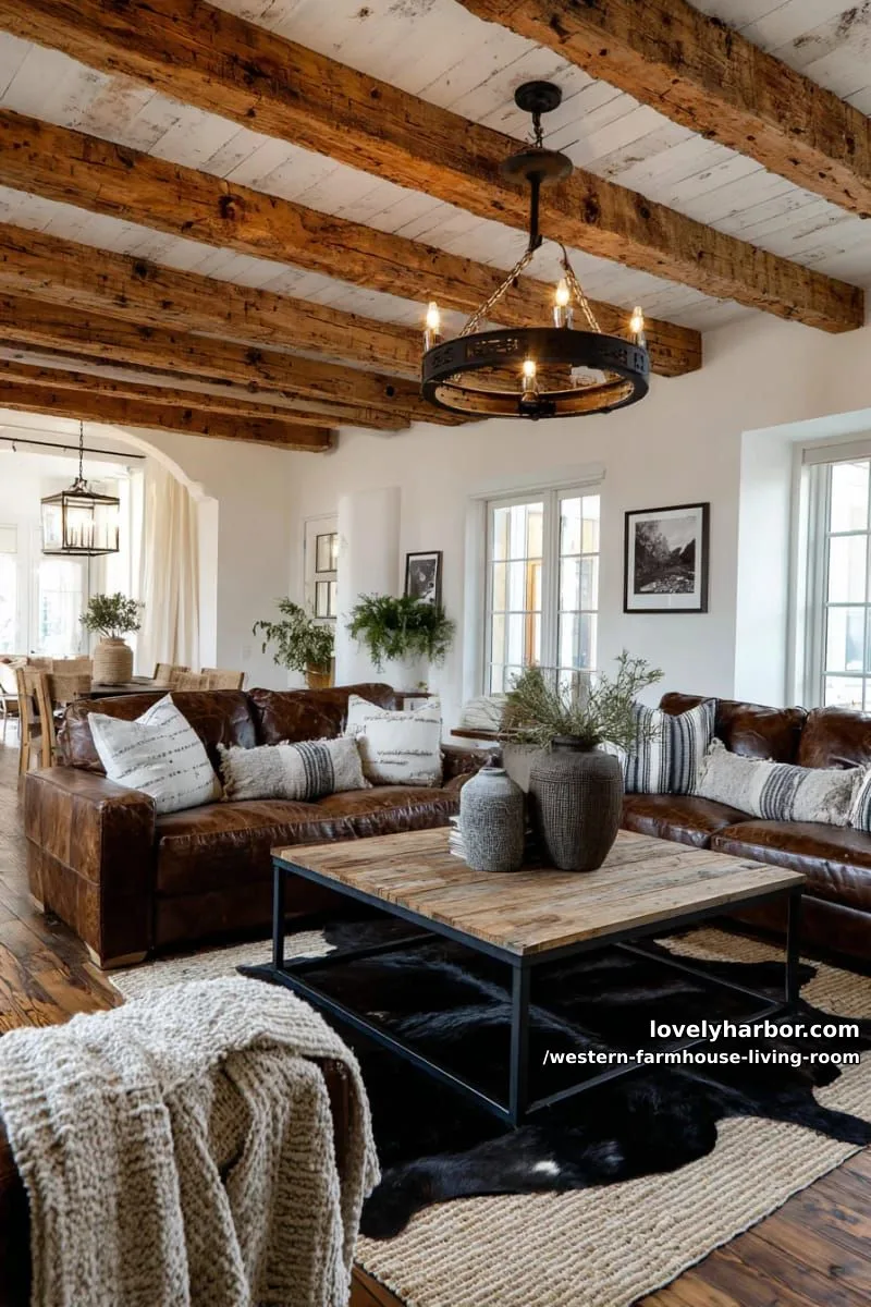 rustic wood beam ceiling paired with wrought iron wagon wheel chandelier 1
