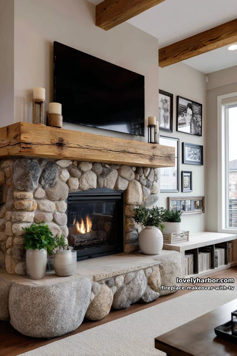 15 Elegant Ideas for Fireplace Makeover with TV 34 rustic wood beam mantel, stone hearth, and tv gallery wall above 1