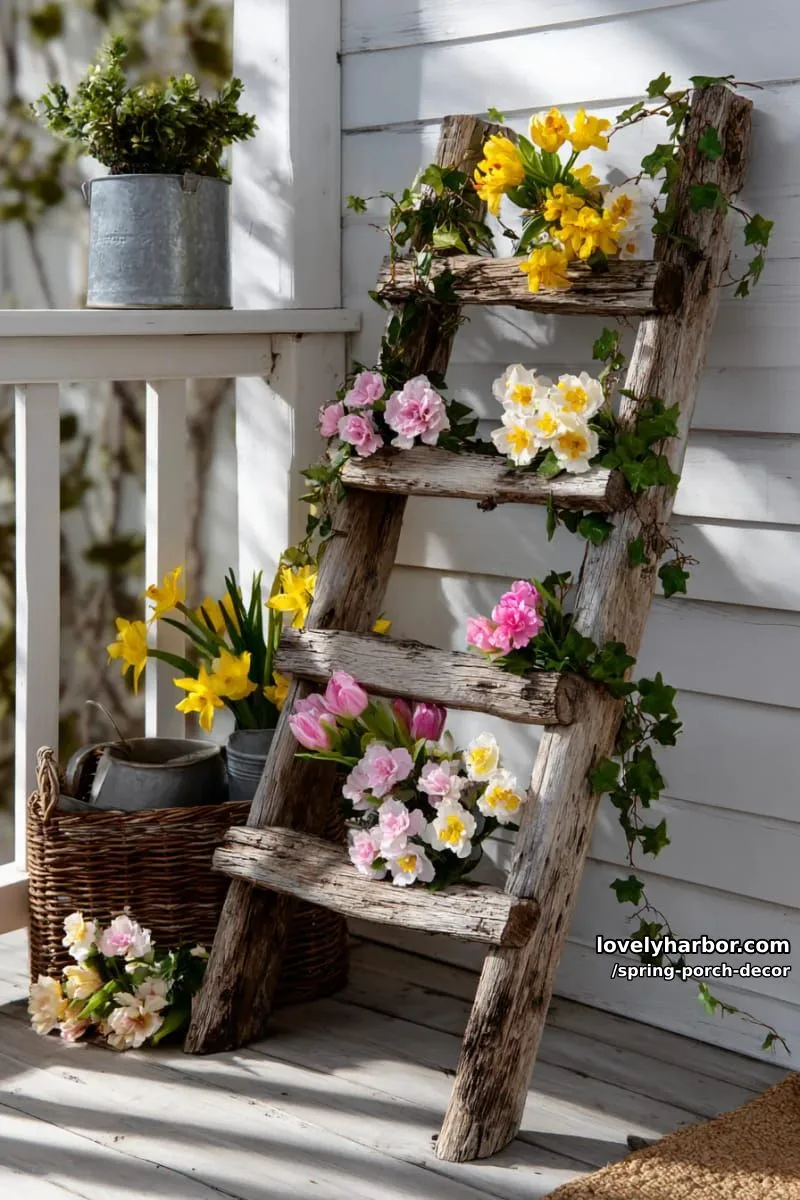 21 Cozy Spring Porch Decor to Jazz Up Your Outdoor Space 9 rustic wooden ladder draped with trailing ivy and spring florals 1