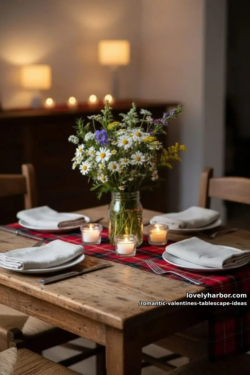 rustic wooden table with red plaid runner and wildflower bouquets 1