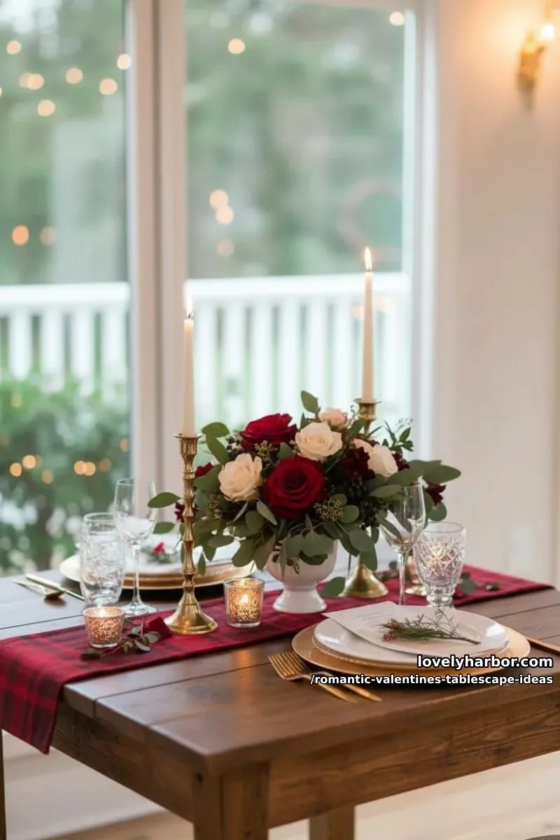 rustic wooden table with red plaid runner and wildflower bouquets 1