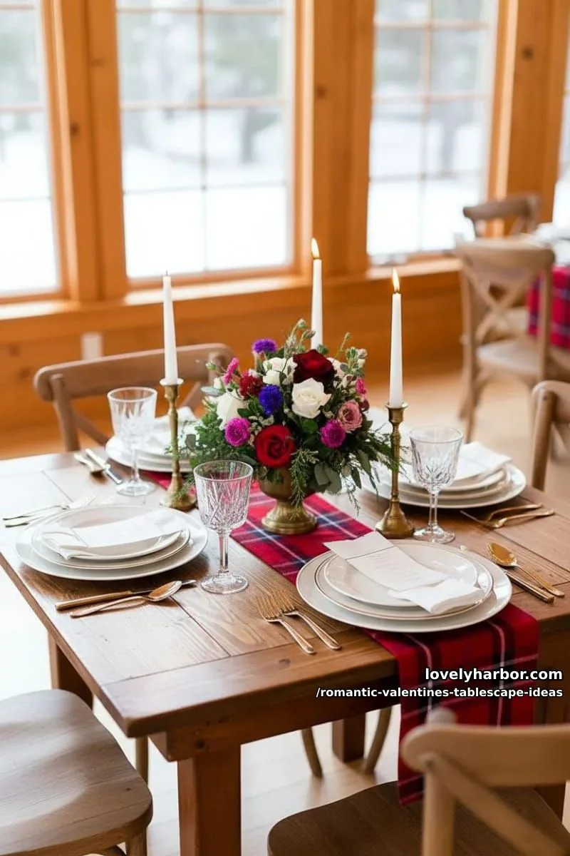 rustic wooden table with red plaid runner and wildflower bouquets 1