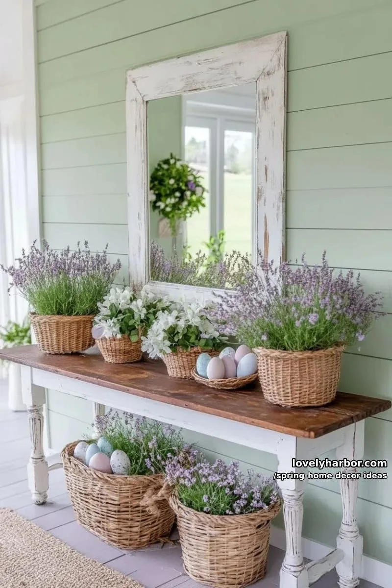 27 Gorgeous Spring Decor Ideas to Brighten Your Home 40 rustic woven baskets filled with painted eggs and faux wildflowers for foyer decor 1