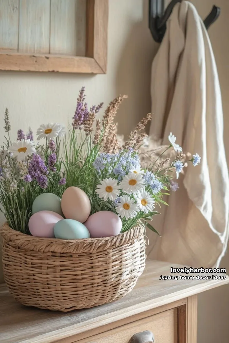 27 Gorgeous Spring Decor Ideas to Brighten Your Home 41 rustic woven baskets filled with painted eggs and faux wildflowers for foyer decor 1