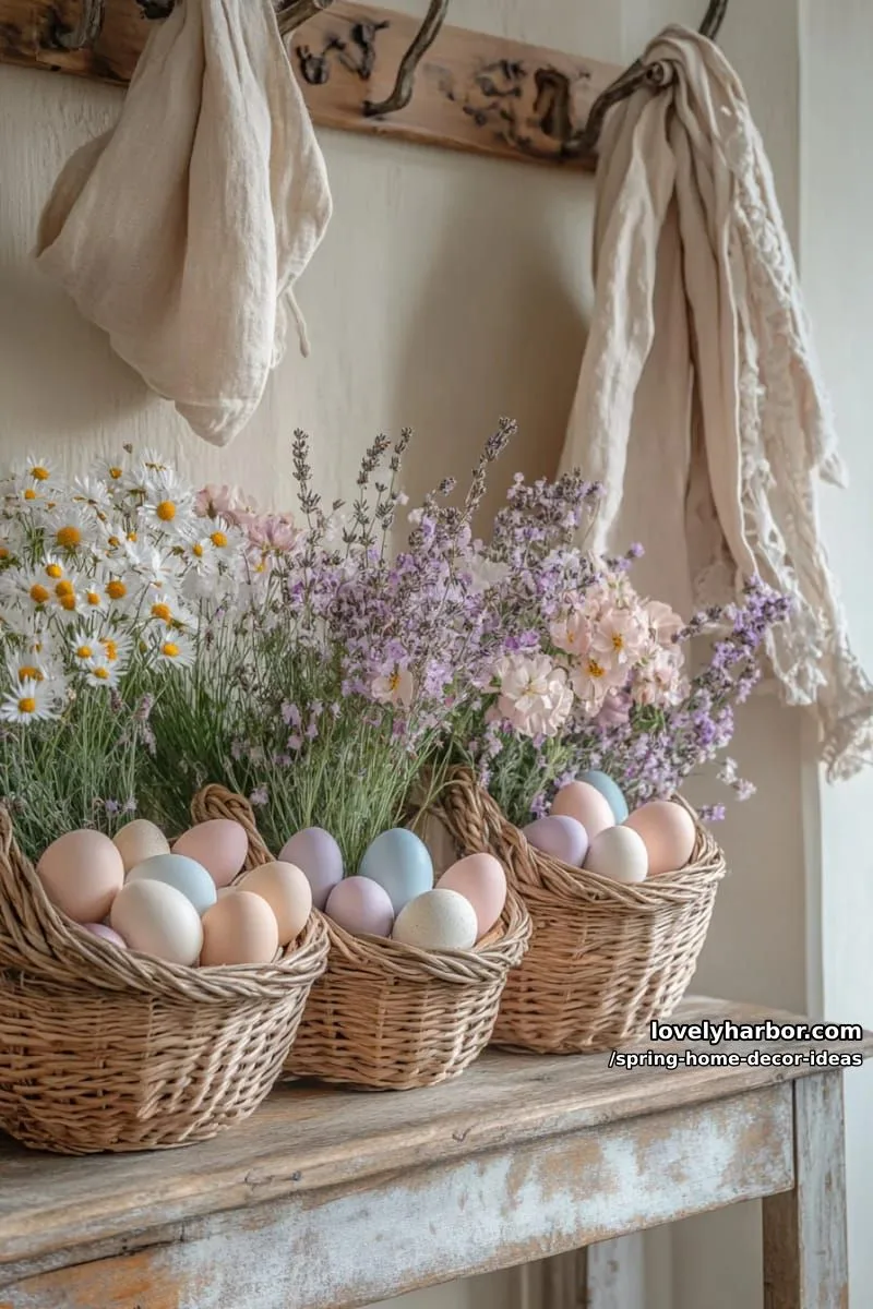 27 Gorgeous Spring Decor Ideas to Brighten Your Home 42 rustic woven baskets filled with painted eggs and faux wildflowers for foyer decor 1