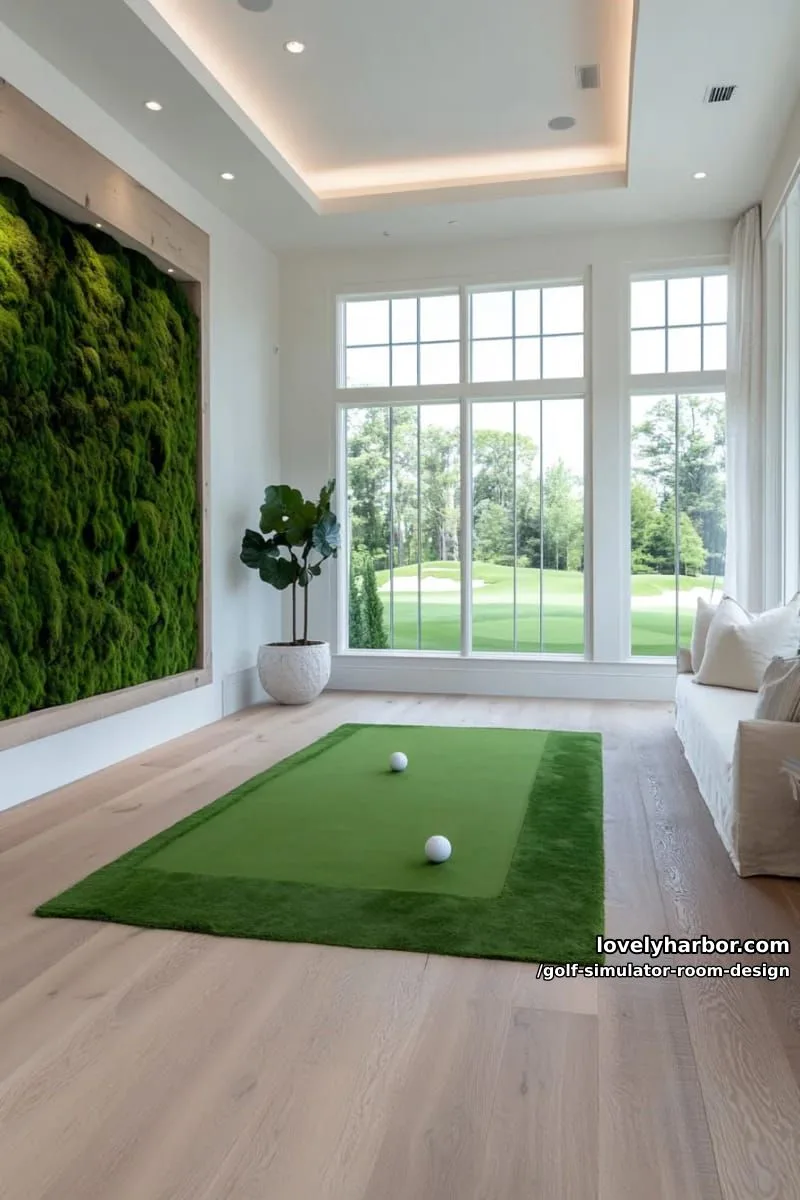 15 Chic Golf Simulator Room Designs to Help Update Your Space! 33 scandinavian-inspired golf room with light wood, soft neutrals, and moss wall art 1