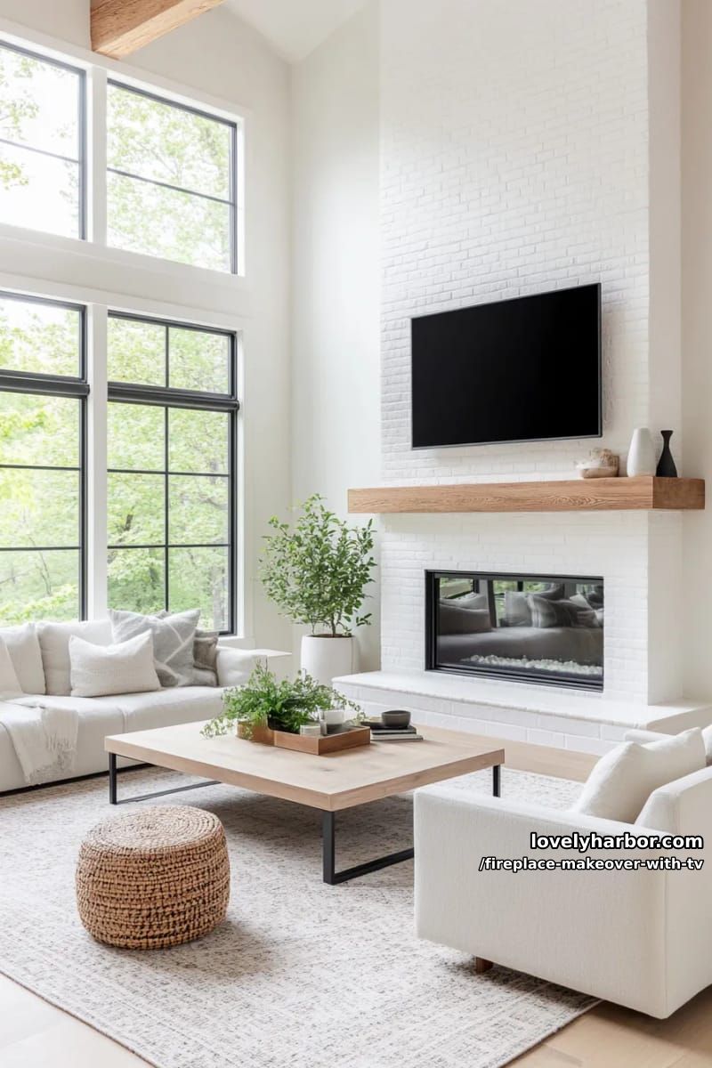 15 Elegant Ideas for Fireplace Makeover with TV 18 scandinavian white brick fireplace makeover with floating tv shelf 1