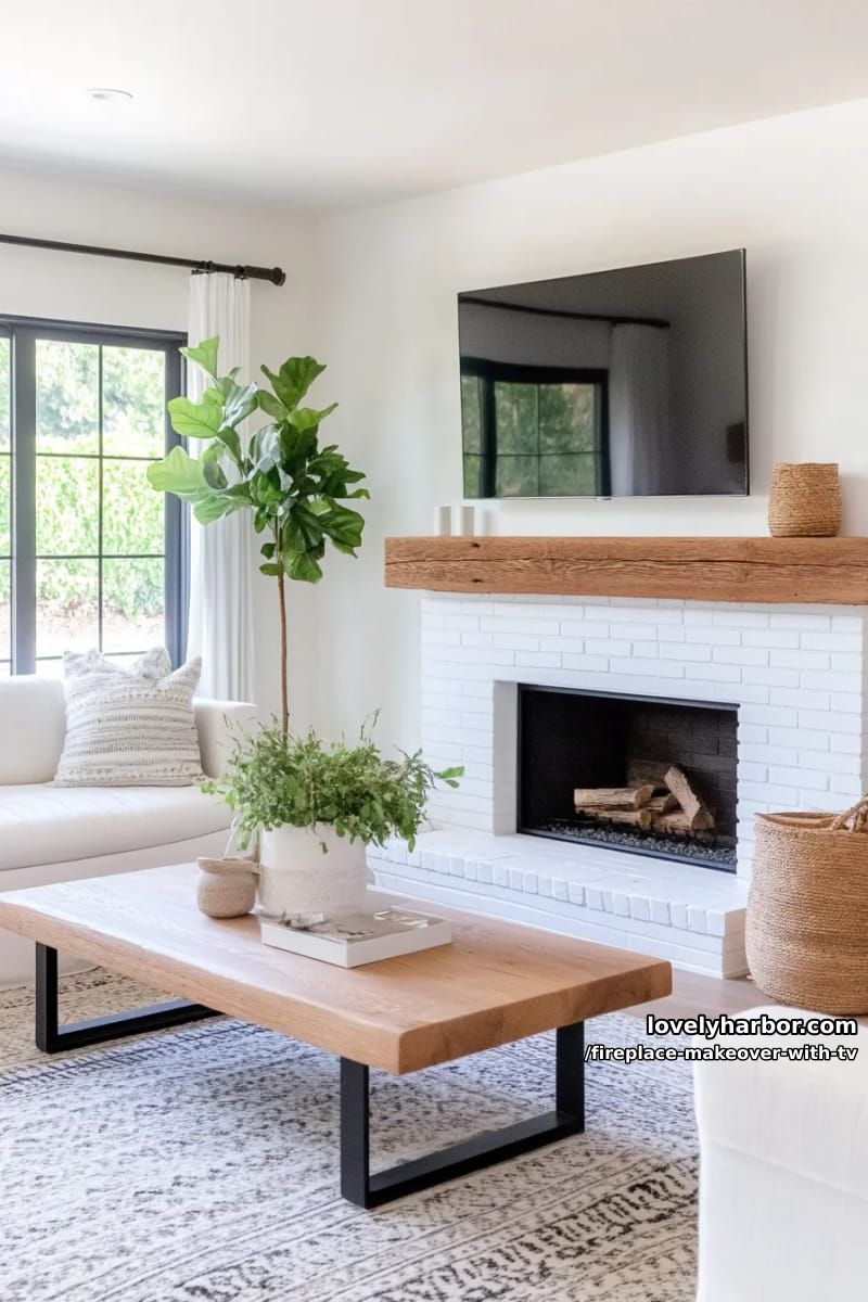 15 Elegant Ideas for Fireplace Makeover with TV 20 scandinavian white brick fireplace makeover with floating tv shelf 1