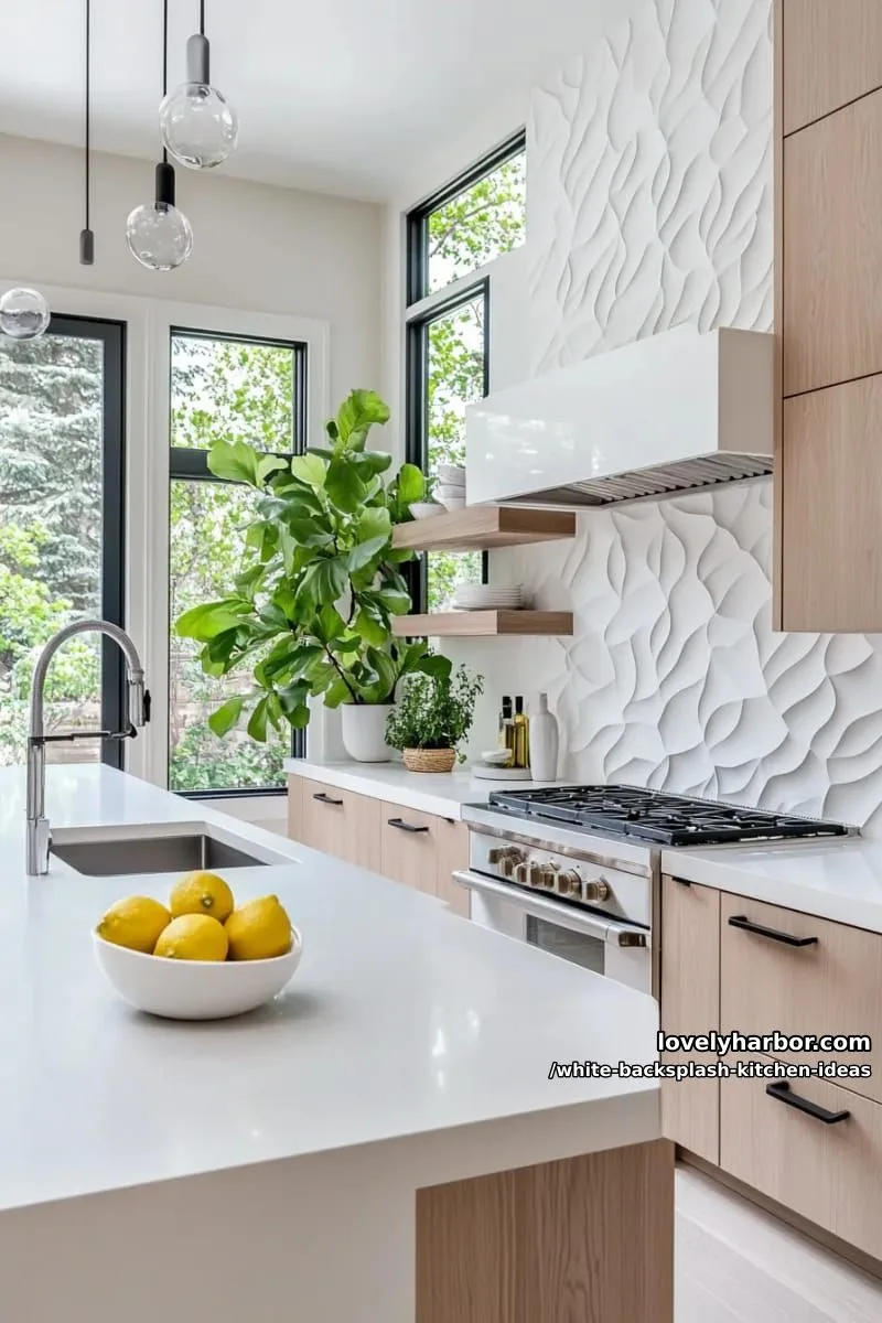 15 Elegant White Backsplash Ideas for Your Kitchen 2 sculptural 3d geometric tiles in matte white for a modern minimalist vibe 1