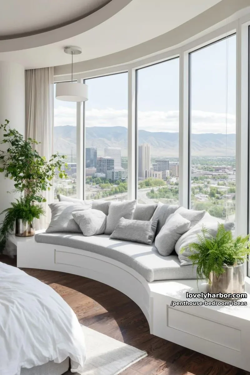 sculptural circular window seat in a large bedroom with panoramic vistas 1