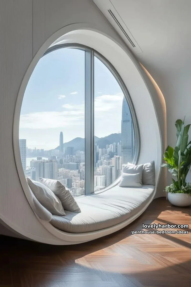 sculptural circular window seat in a large bedroom with panoramic vistas 1
