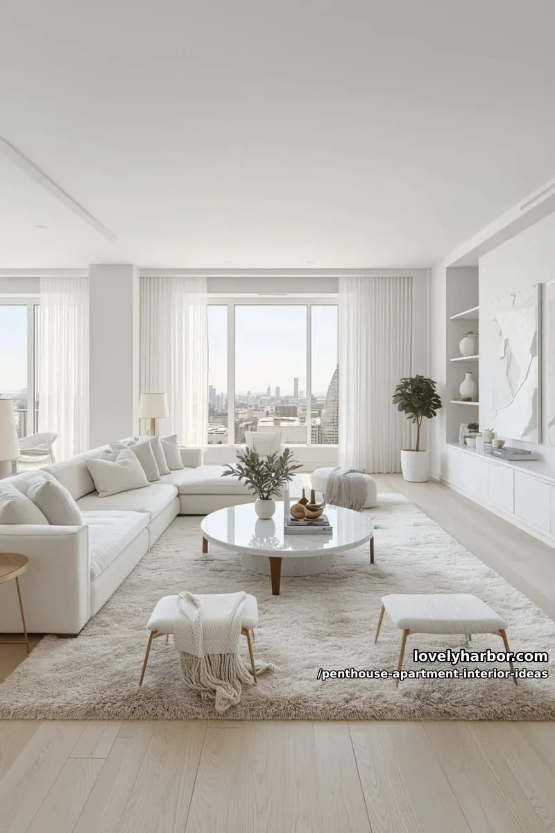 29 Stunning Penthouse Apartment Interior Design Ideas for a Fresh New Look 73 serene white-on-white lounge with plush textures and bronze accents 1