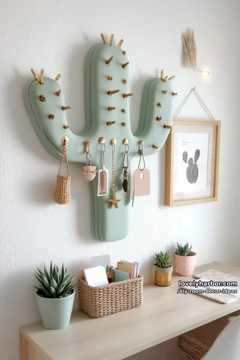 15 Creative DIY Room Decor Ideas to Add Color to Your Space 34 shape a cactus wall organizer with mint green felt and gold hooks 1