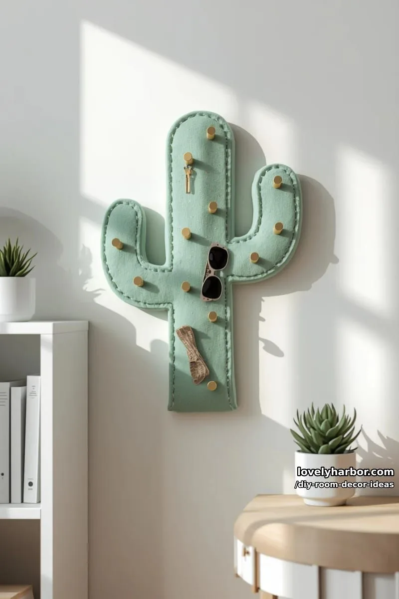 15 Creative DIY Room Decor Ideas to Add Color to Your Space 35 shape a cactus wall organizer with mint green felt and gold hooks 1