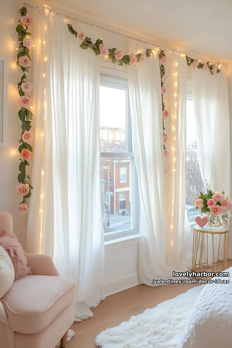 15 Valentine's Room Decor Ideas for a Romantic Ambiance 28 sheer curtains draped with twinkling string lights and silk roses 1