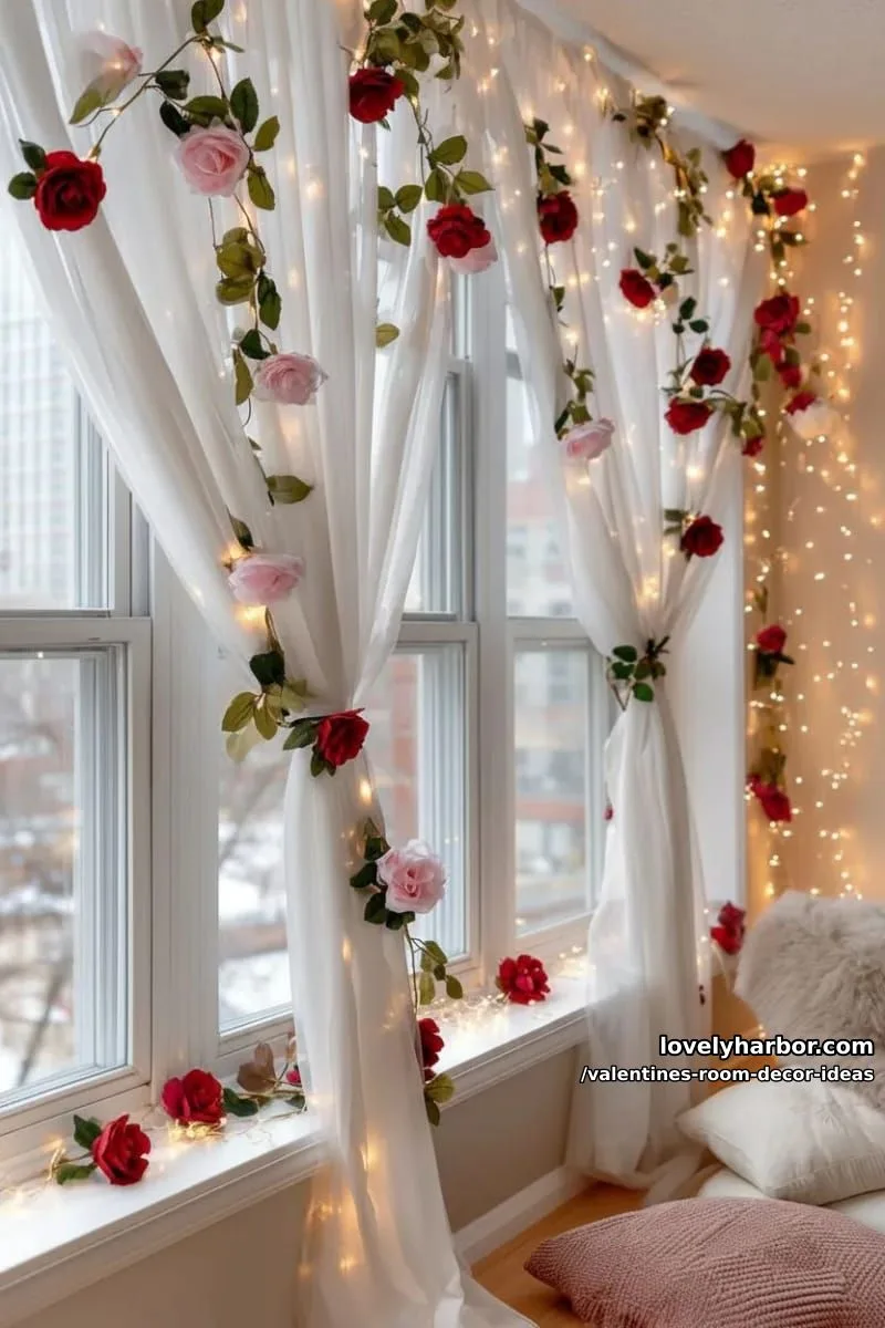 15 Valentine's Room Decor Ideas for a Romantic Ambiance 29 sheer curtains draped with twinkling string lights and silk roses 1