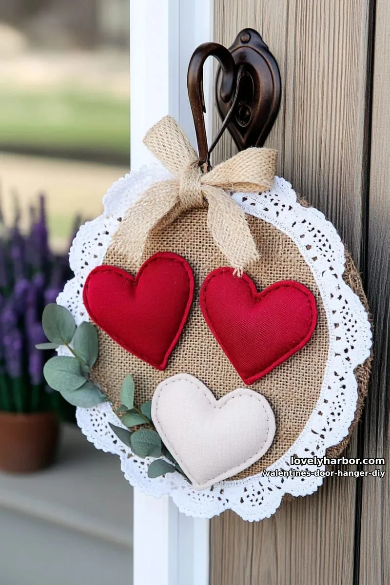 simple farmhouse door hanger: burlap, lace, and velvet heart appliqués 1