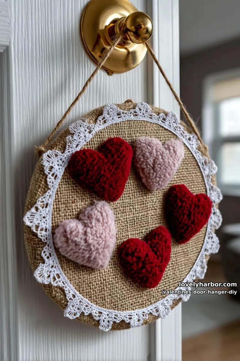 simple farmhouse door hanger: burlap, lace, and velvet heart appliqués 1