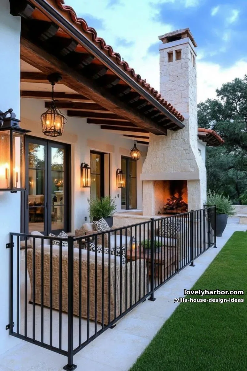 single-story villa with spacious wraparound verandas and outdoor fireplace 1