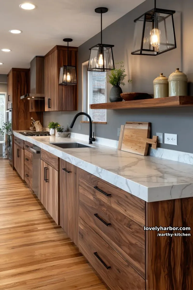 slate gray walls, walnut wood cabinetry, and matte black fixtures 1
