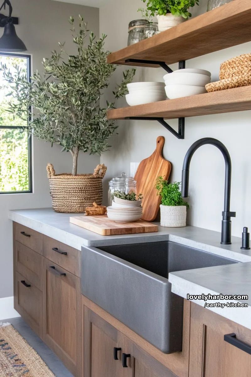 paredes cinza ardósia, armários de madeira de nogueira e luminárias pretas foscas 1