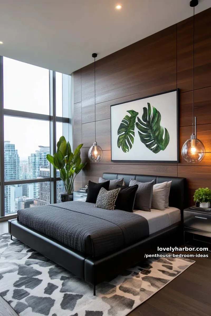 sleek dark wood wall panels and metallic details for a masculine bedroom look 1