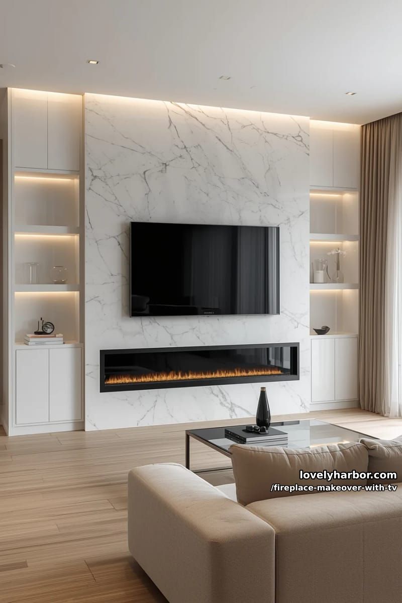 15 Elegant Ideas for Fireplace Makeover with TV 4 sleek marble fireplace with floating tv and hidden led backlighting 1