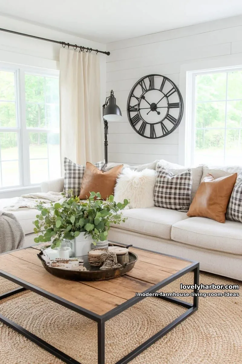 15 Modern Farmhouse Living Room Ideas for a Fresh Atmosphere 25 soft beige sectional with plaid and leather accent pillows 1