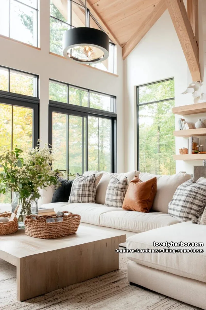15 Modern Farmhouse Living Room Ideas for a Fresh Atmosphere 26 soft beige sectional with plaid and leather accent pillows 1