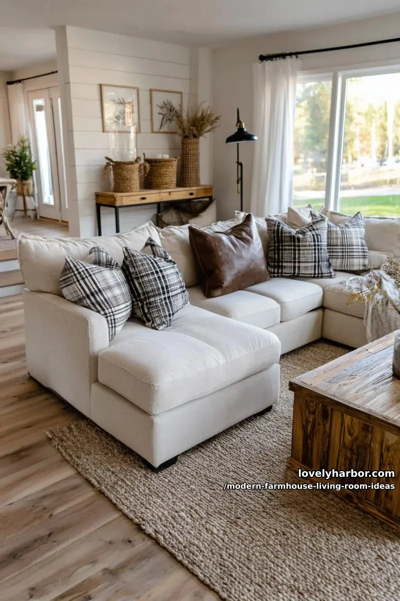 15 Modern Farmhouse Living Room Ideas for a Fresh Atmosphere 27 soft beige sectional with plaid and leather accent pillows 1