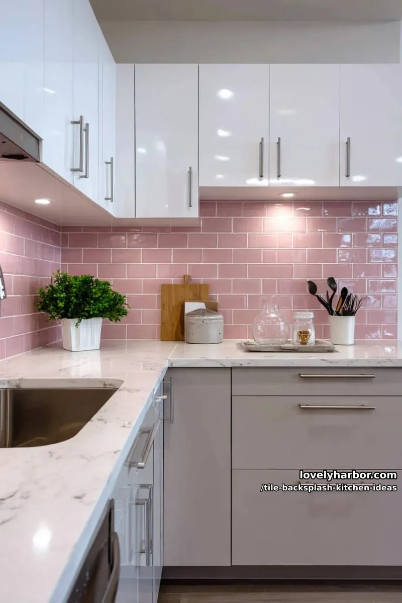 15 Tile Backsplash Ideas for a Stylish Kitchen 32 soft blush pink subway tiles with a high-gloss finish and offset joints 1