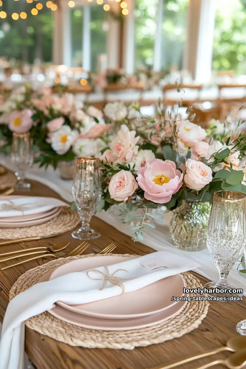 soft blush plates with delicate pink peony arrangements and twinkle lights 1