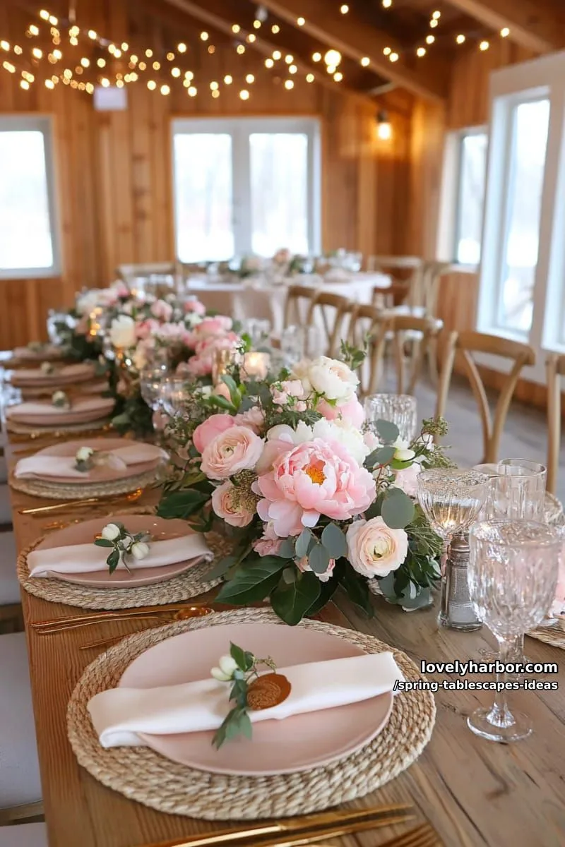 soft blush plates with delicate pink peony arrangements and twinkle lights 1