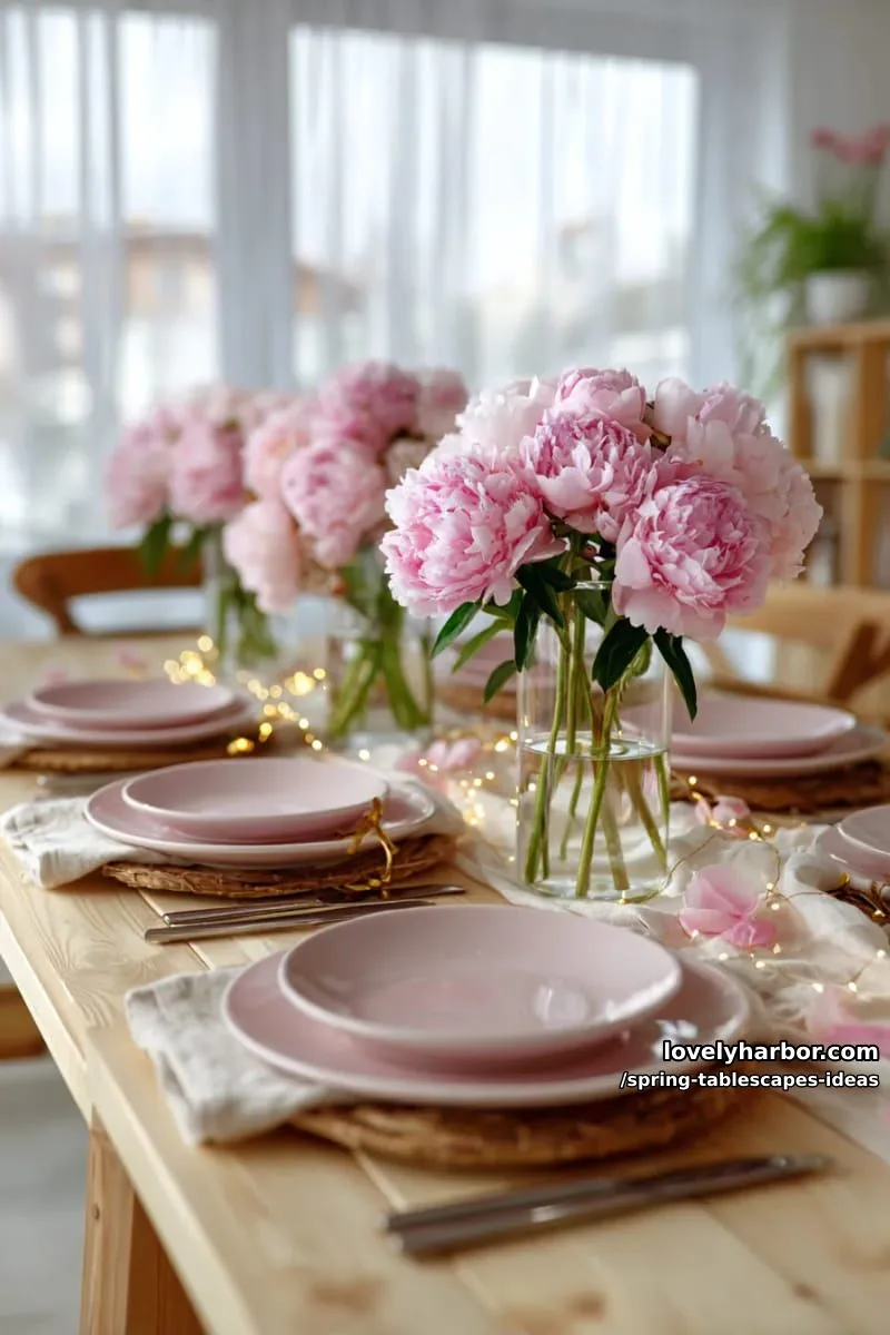 soft blush plates with delicate pink peony arrangements and twinkle lights 1