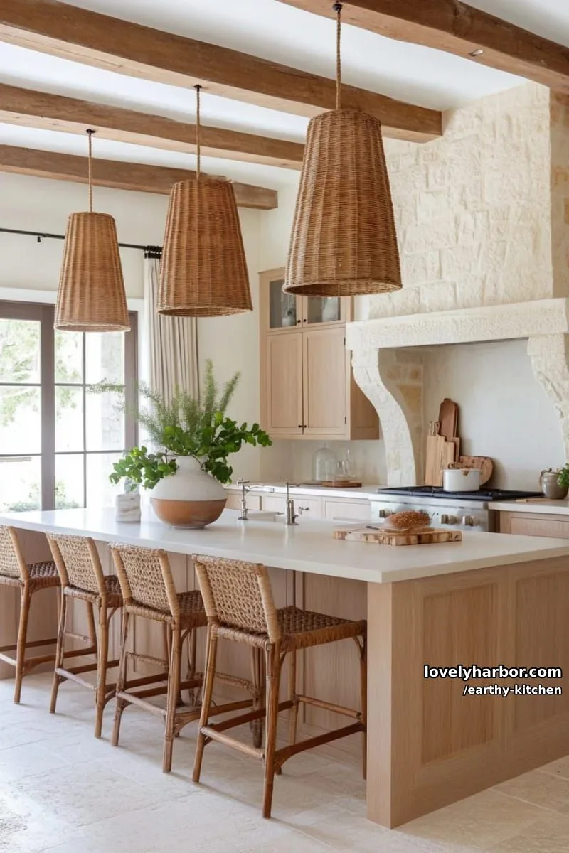 soft sandy beige cabinetry, rattan pendant lighting, and woven bar stools 1
