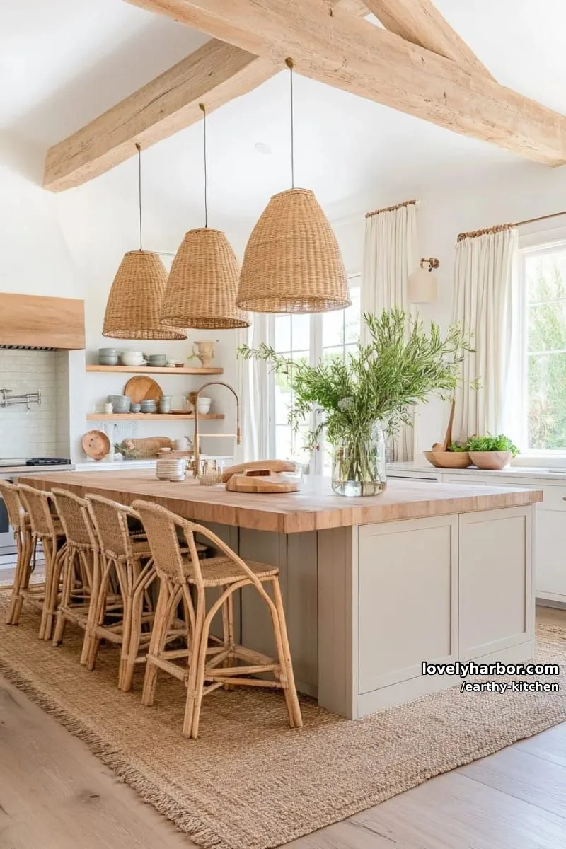 soft sandy beige cabinetry, rattan pendant lighting, and woven bar stools 1