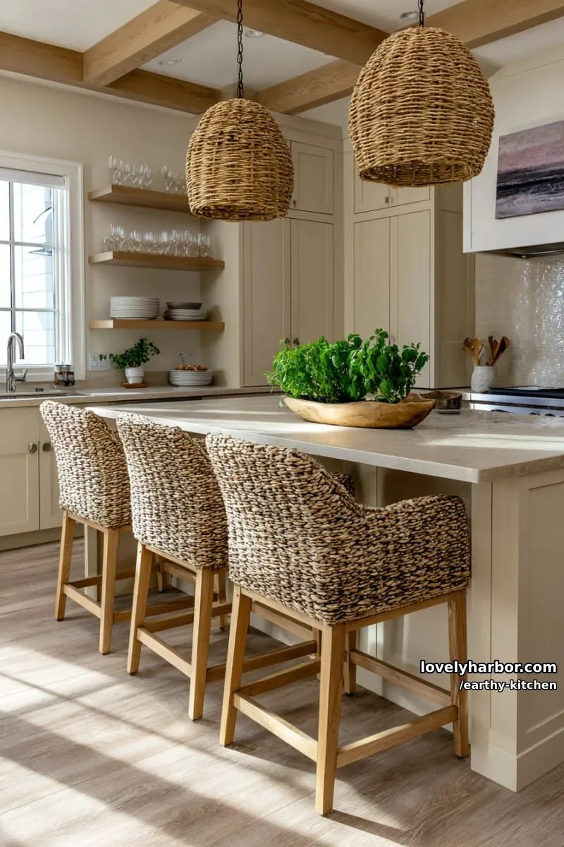 soft sandy beige cabinetry, rattan pendant lighting, and woven bar stools 1