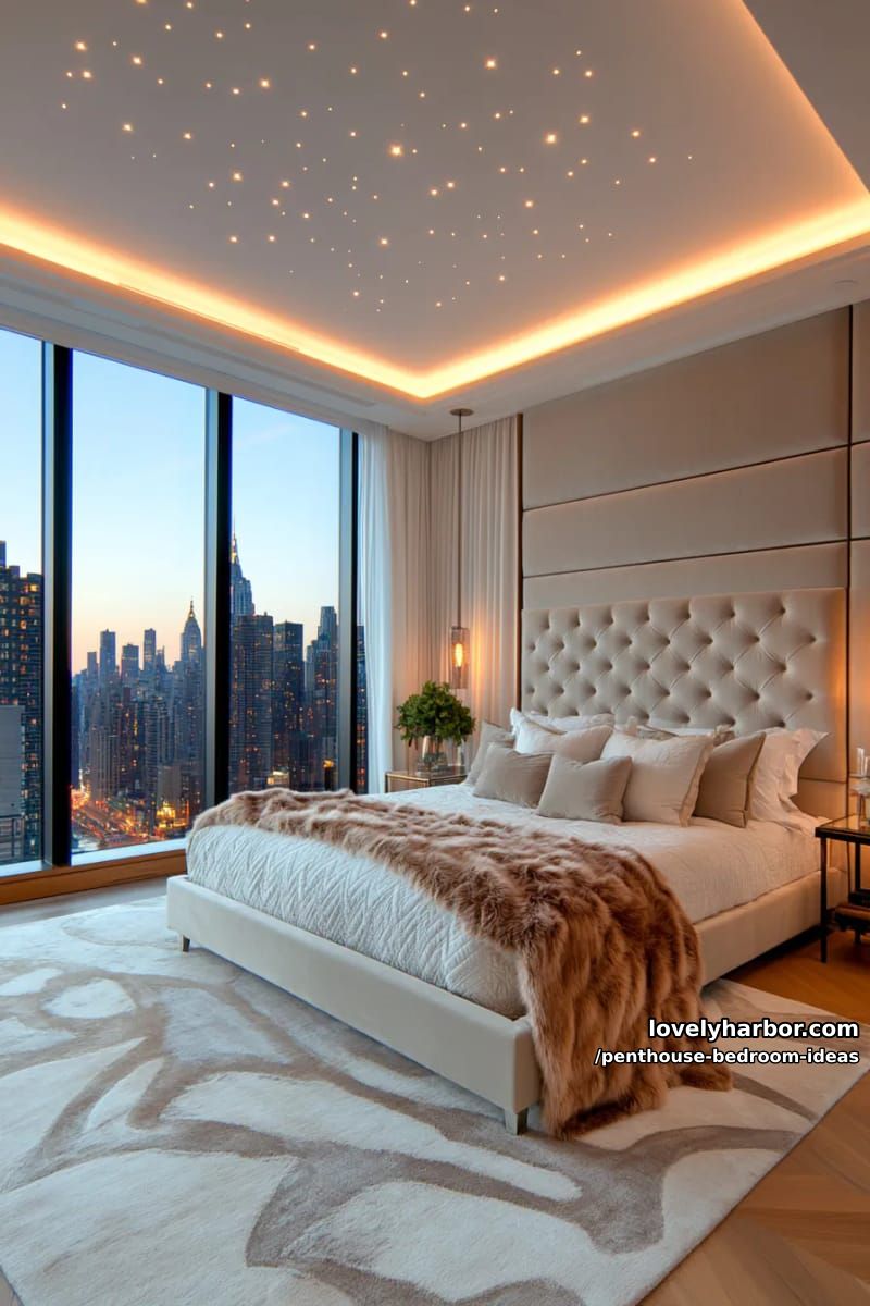 27 Modern Penthouse Bedroom Ideas That Wow 64 softly illuminated ceiling coves with star-like recessed lights for dreamy ambiance 1