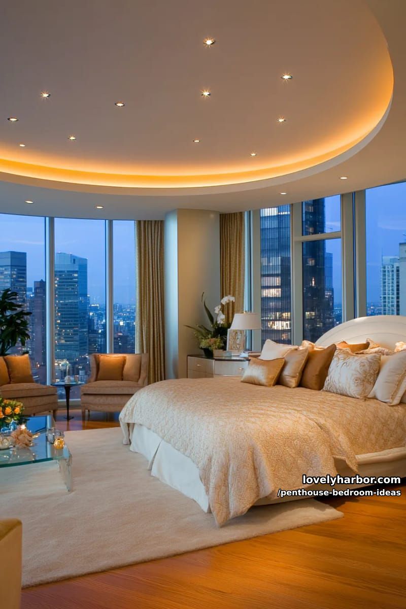 27 Modern Penthouse Bedroom Ideas That Wow 66 softly illuminated ceiling coves with star-like recessed lights for dreamy ambiance 1