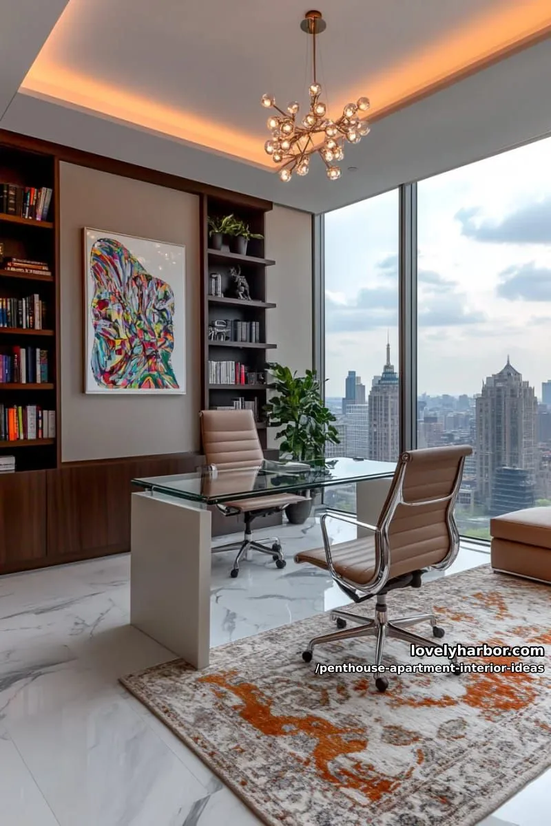 29 Stunning Penthouse Apartment Interior Design Ideas for a Fresh New Look 69 sophisticated home office with smoked glass desk overlooking the skyline 1