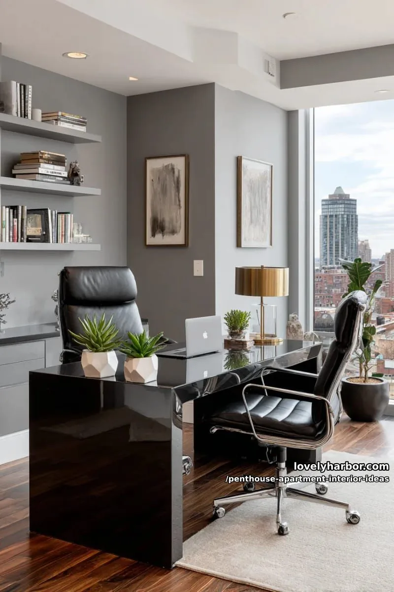 29 Stunning Penthouse Apartment Interior Design Ideas for a Fresh New Look 70 sophisticated home office with smoked glass desk overlooking the skyline 1