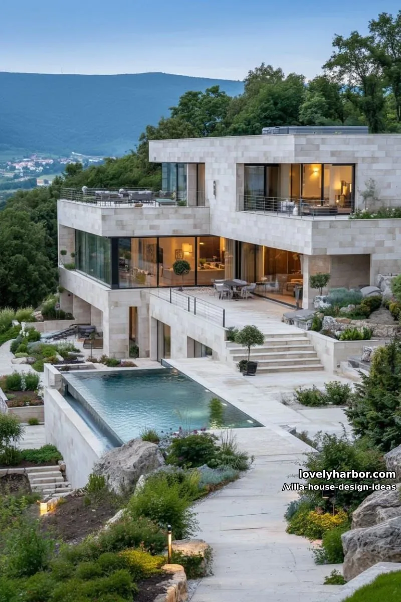split-level villa on a hillside with panoramic floor plans 1