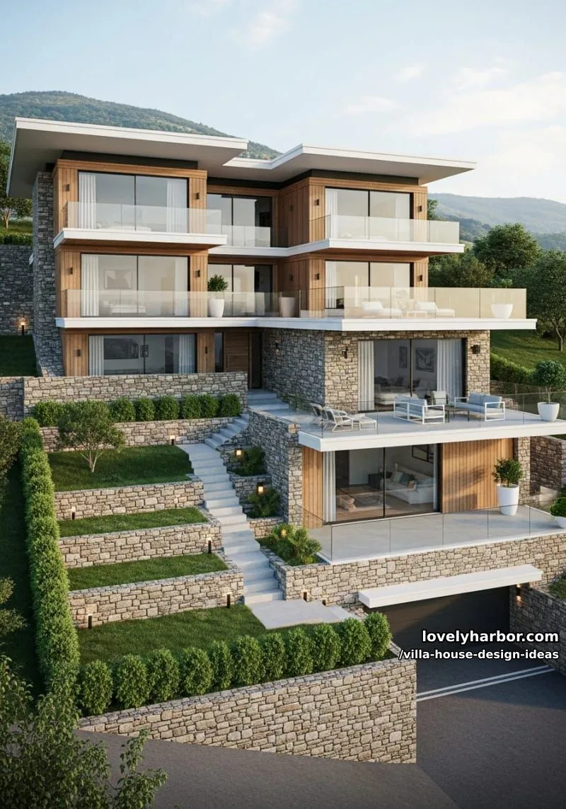 split-level villa on a hillside with panoramic floor plans 1