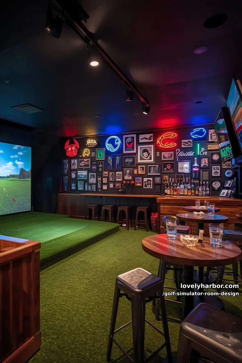 15 Chic Golf Simulator Room Designs to Help Update Your Space! 14 sports bar-inspired simulator den featuring wall-mounted memorabilia and neon signs 1