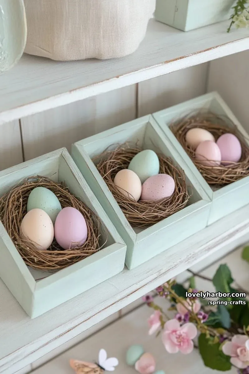 spring shadow boxes filled with miniature nests and pastel painted eggs 1